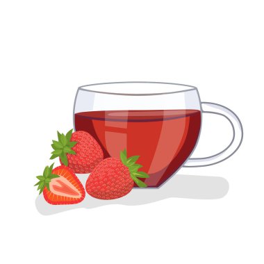 Cam bardakta çilekli çay, yakınlarda çilek. Vektör