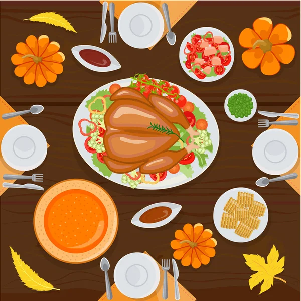 感謝祭だ お祭りのテーブル ロースト七面鳥と秋の装飾 ベクトル — ストックベクタ