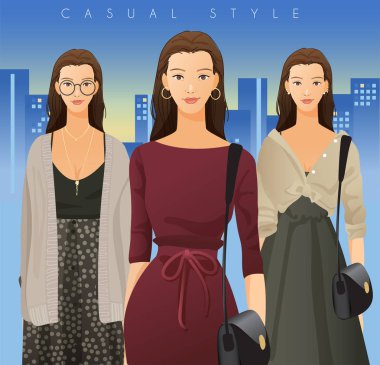 Beden kıyafetler ve aksesuarlar ile şablon: Casual göz şehir arka planda duran kadınlarda: vektör çizim
