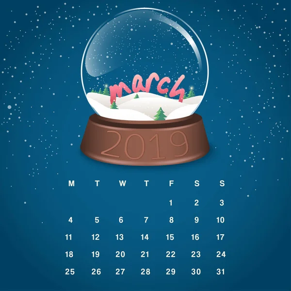 Calendario 2019 Sullo Sfondo Del Globo Della Neve Illustrazione Vettoriale — Vettoriale Stock