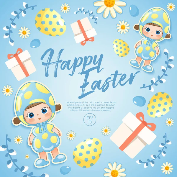 Bambina Costume Pasquale Circostante Con Elementi Colorati Pasquali Easter Card — Vettoriale Stock