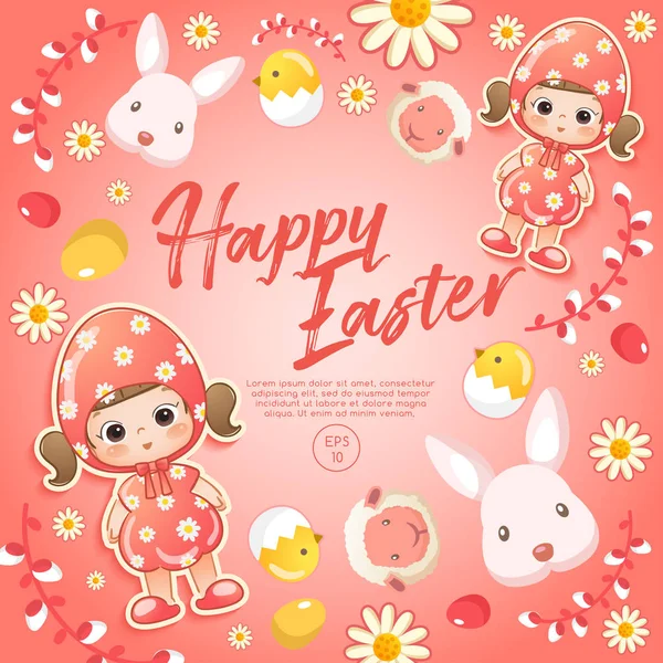 Baby Girl Easter Costume Surrounding Easter Colorful Elements Easter Card — Stock Vector