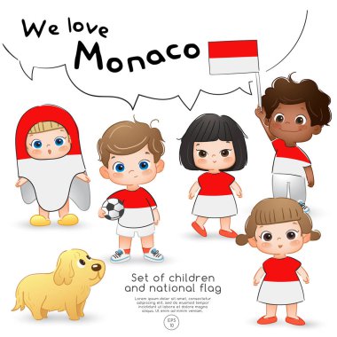 Monaco: Bayrak tutan ve ulusal bayrak baskı ile gömlek giyen kızlar ve erkekler: vektör çizim