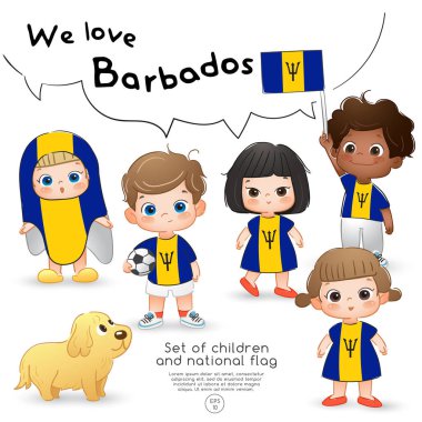 Barbados: Bayrak tutan ve ulusal bayrak baskı ile gömlek giyen kızlar ve erkekler: vektör çizim