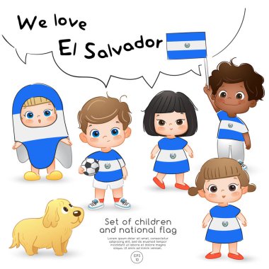 El Salvador: Bayrak tutan ve ulusal bayrak baskı ile gömlek giyen kızlar ve erkekler: vektör çizim
