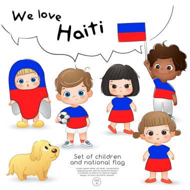 Haiti: Bayrak tutan ve ulusal bayrak baskı ile gömlek giyen kızlar ve erkekler: vektör çizim