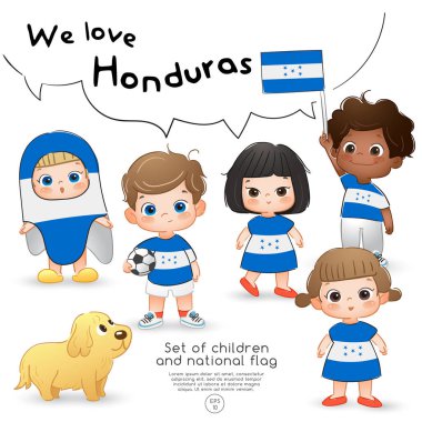 Honduras: Bayrak tutan ve ulusal bayrak baskı ile gömlek giyen kızlar ve erkekler: vektör çizim