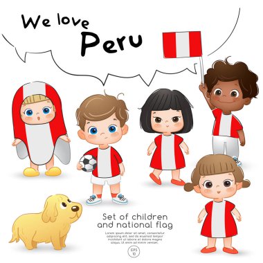 Peru: Bayrak tutan ve ulusal bayrak baskı ile gömlek giyen kızlar ve erkekler: vektör çizim