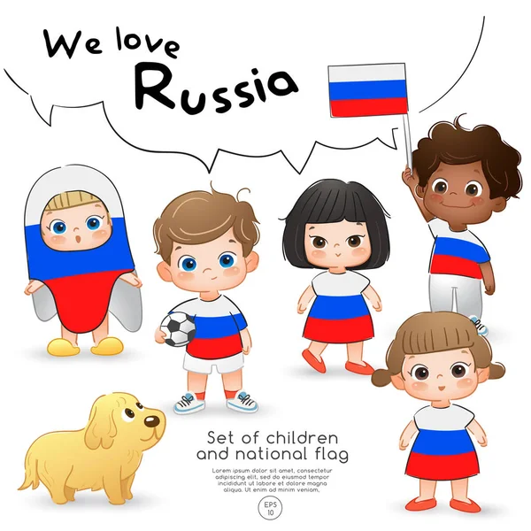 Ρωσία Αγόρια Και Κορίτσια Κρατώντας Σημαία Και Φορώντας Μπλουζάκια Στάμπα — Διανυσματικό Αρχείο