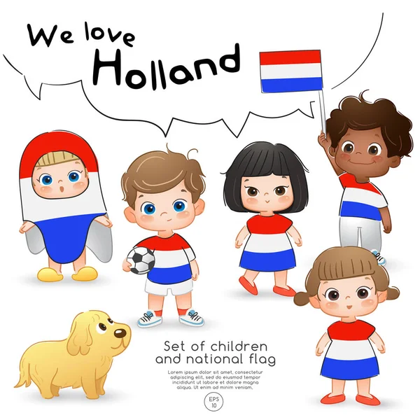 オランダ 男の子と女の子のフラグを保持している国旗プリント シャツを着て ベクトル図 — ストックベクタ