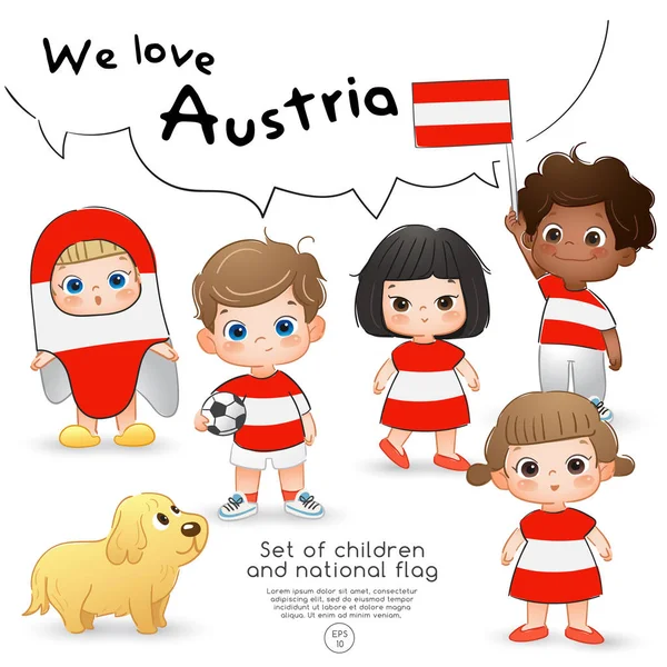 Austria Niños Niñas Con Bandera Camisas Estampadas Con Bandera Nacional — Vector de stock