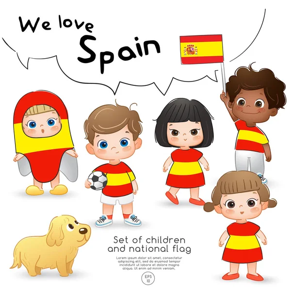 España Niños Niñas Con Bandera Camisetas Con Bandera Nacional Print — Vector de stock