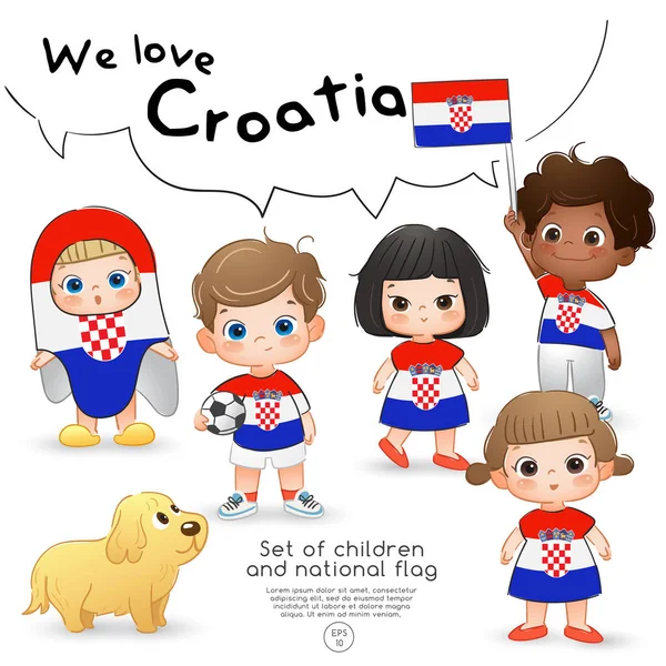 Croacia Niños Niñas Con Bandera Camisas Estampadas Con Bandera Nacional — Vector de stock