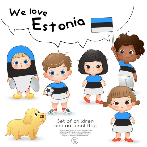 Естонія Хлопчиків Дівчаток Тримає Прапор Сорочках Національний Прапор Друк Векторна — стоковий вектор