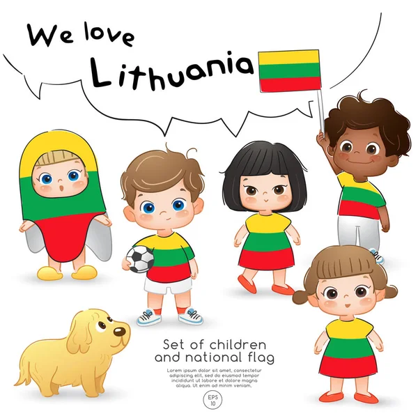 Litva Chlapci Dívky Drží Vlajku Nosí Košile Potiskem Státní Vlajka — Stockový vektor