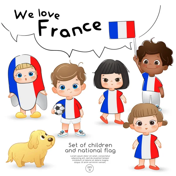 Fransa: Bayrak tutan ve ulusal bayrak baskı ile gömlek giyen kızlar ve erkekler: vektör çizim