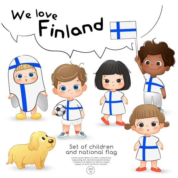 Фінляндія Хлопчиків Дівчаток Тримає Прапор Сорочках Національний Прапор Друк Векторна — стоковий вектор
