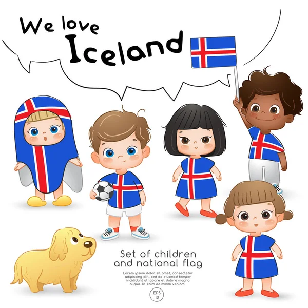 Island Chlapci Dívky Drží Vlajku Nosí Košile Potiskem Státní Vlajka — Stockový vektor