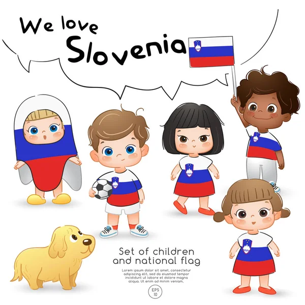 Eslovenia Niños Niñas Con Bandera Camisas Estampadas Con Bandera Nacional — Vector de stock