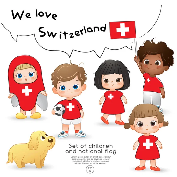 Швейцарія Хлопчиків Дівчаток Тримає Прапор Сорочках Національний Прапор Друк Векторна — стоковий вектор