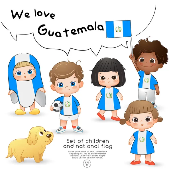 Guatemala Chlapci Dívky Drží Vlajku Nosí Košile Potiskem Státní Vlajka — Stockový vektor