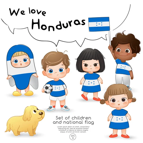 Ονδούρα Αγόρια Και Κορίτσια Κρατώντας Σημαία Και Φορώντας Μπλουζάκια Στάμπα — Διανυσματικό Αρχείο