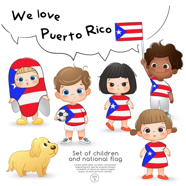 Puerto Rico Niños Niñas Con Bandera Camisetas Con Bandera Nacional — Vector de stock