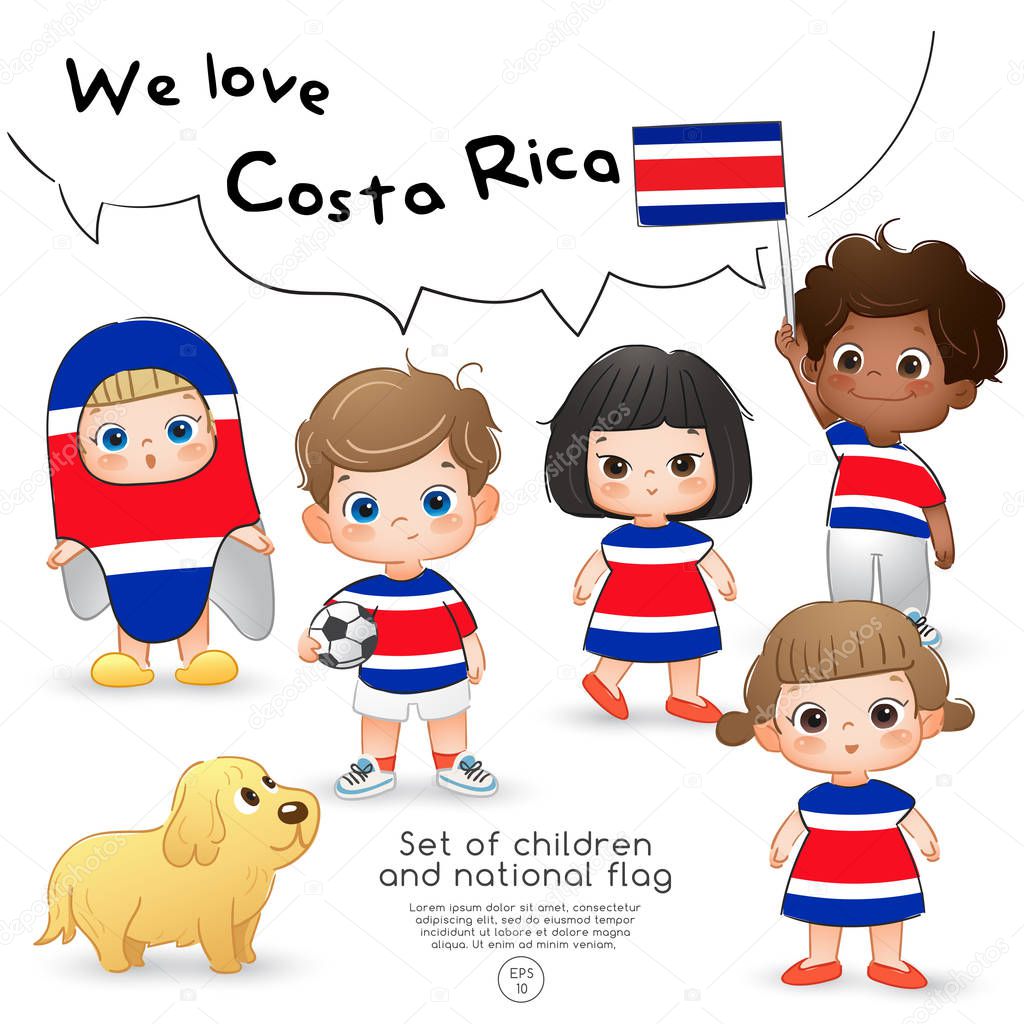 Costa Rica : Boys and girls holding flag and wearing shirts with national flag print : Vector Illustration