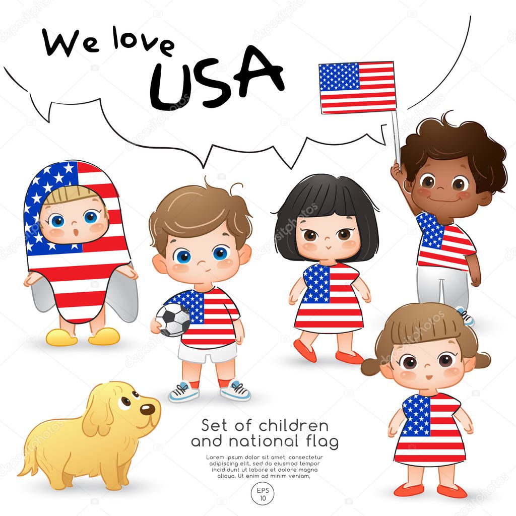 USA : Boys and girls holding flag and wearing shirts with national flag print : Vector Illustration