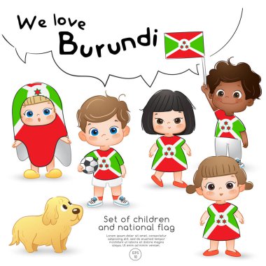 Burundi: Bayrak tutan ve ulusal bayrak baskı ile gömlek giyen kızlar ve erkekler: vektör çizim