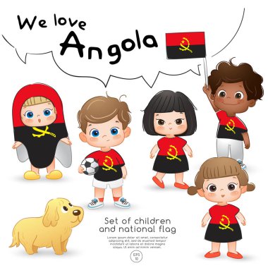 Angola: Bayrak tutan ve ulusal bayrak baskı ile gömlek giyen kızlar ve erkekler: vektör çizim