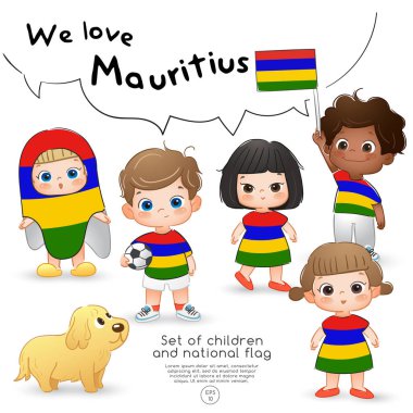 Mauritius: Bayrak tutan ve ulusal bayrak baskı ile gömlek giyen kızlar ve erkekler: vektör çizim