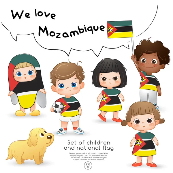 Mosambik Chlapci Dívky Drží Vlajku Nosí Košile Potiskem Státní Vlajka — Stockový vektor