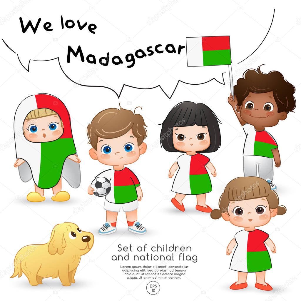 Madagascar : Boys and girls holding flag and wearing shirts with national flag print : Vector Illustration