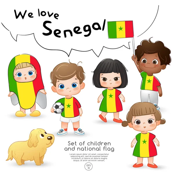 Senegal Chlapci Dívky Drží Vlajku Nosí Košile Potiskem Státní Vlajka — Stockový vektor
