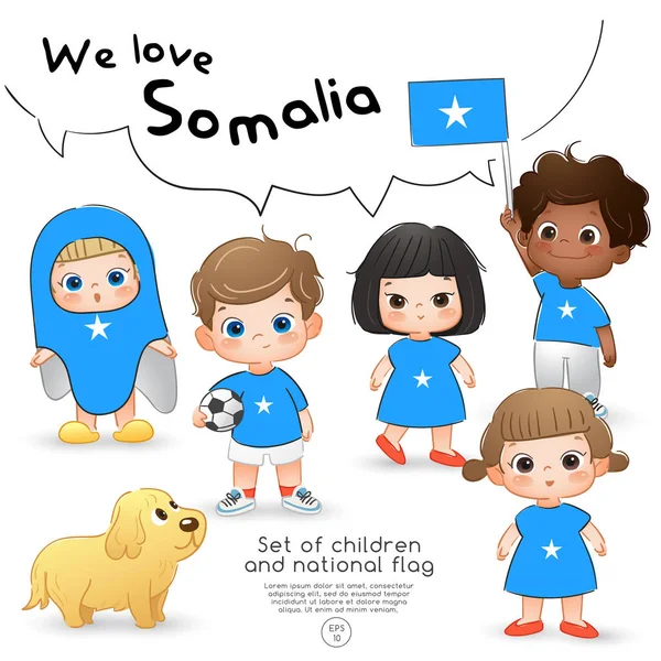 Somálsko Chlapci Dívky Drží Vlajku Nosí Košile Potiskem Státní Vlajka — Stockový vektor