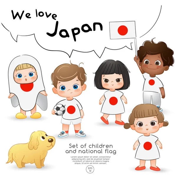 Японія Хлопчиків Дівчаток Тримає Прапор Сорочках Національний Прапор Друк Векторна — стоковий вектор
