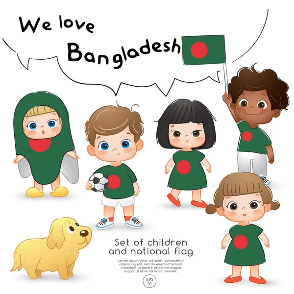Μπανγκλαντές Αγόρια Και Κορίτσια Κρατώντας Σημαία Και Φορώντας Μπλουζάκια Στάμπα — Διανυσματικό Αρχείο