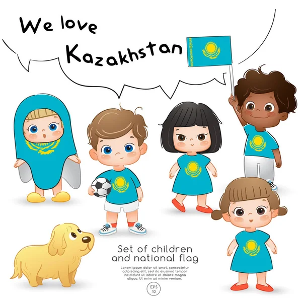 Казахстан Хлопчиків Дівчаток Тримає Прапор Сорочках Національний Прапор Друк Векторна — стоковий вектор