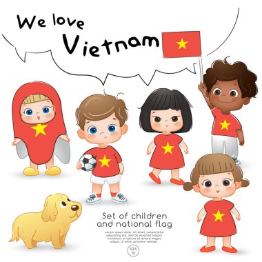 Vietnam: Bayrak tutan ve ulusal bayrak baskı ile gömlek giyen kızlar ve erkekler: vektör çizim