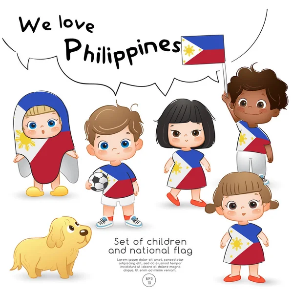 Filipinas Meninos Meninas Segurando Bandeira Vestindo Camisas Com Impressão Bandeira —  Vetores de Stock
