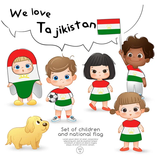 Tádžikistán Chlapci Dívky Drží Vlajku Nosí Košile Potiskem Státní Vlajka — Stockový vektor