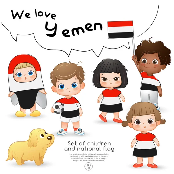 Yemen Niños Niñas Con Bandera Camisas Estampadas Con Bandera Nacional — Vector de stock