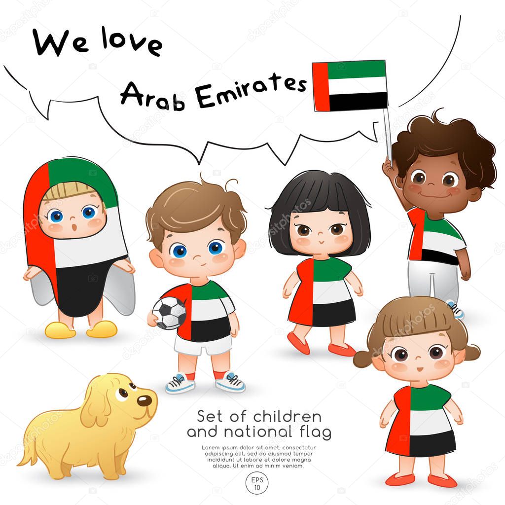 United Arab Emirates : Boys and girls holding flag and wearing shirts with national flag print : Vector Illustration