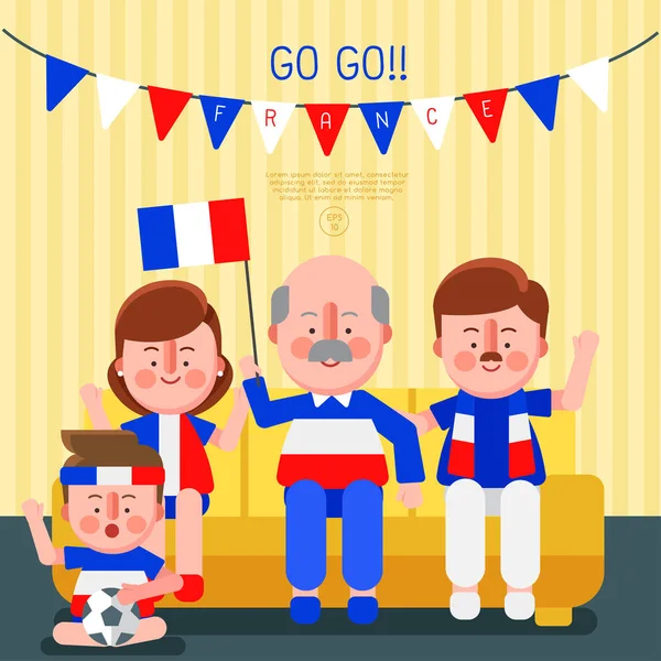 Ευτυχισμένη Οικογένεια Επευφημίες Άθλημα Την Εθνική Σημαία Γαλλία Εικονογράφηση Διάνυσμα — Διανυσματικό Αρχείο