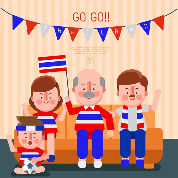 Feliz Família Torcendo Esporte Com Bandeira Nacional Tailândia Vector Illustration —  Vetores de Stock