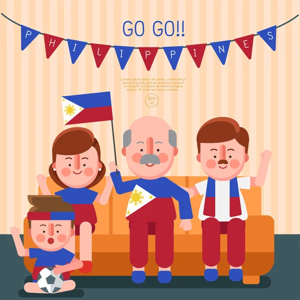 Feliz Família Torcendo Esporte Com Bandeira Nacional Filipinas Vector Illustration —  Vetores de Stock