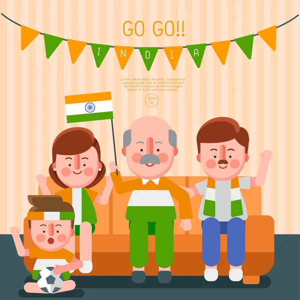 Feliz Família Torcendo Esporte Com Bandeira Nacional Índia Vector Illustration —  Vetores de Stock
