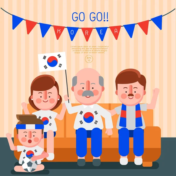 Feliz Família Torcendo Esporte Com Bandeira Nacional Coréia Vector Ilustração —  Vetores de Stock