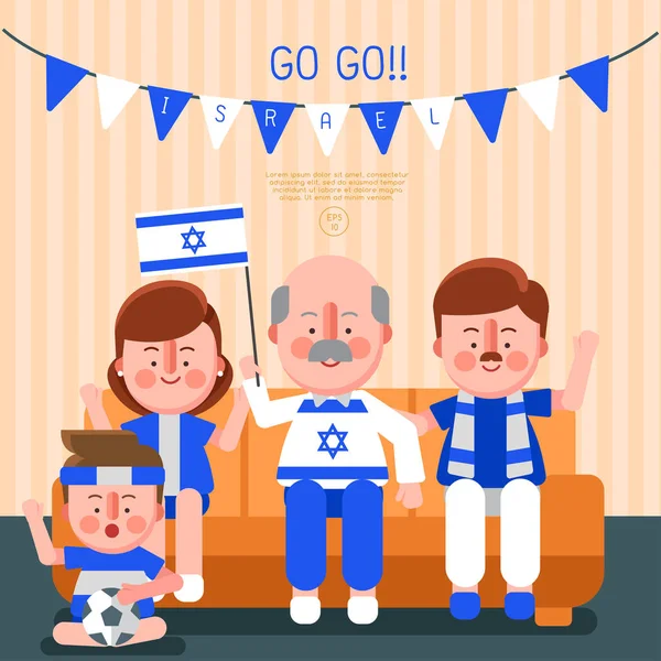 Feliz Família Torcendo Esporte Com Bandeira Nacional Israel Vector Ilustração — Vetor de Stock